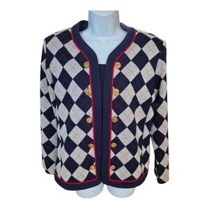 Stuart‎ Alan Women 14 Argyle Cardigan Sweater Navy Red Gold Button Vintage USA